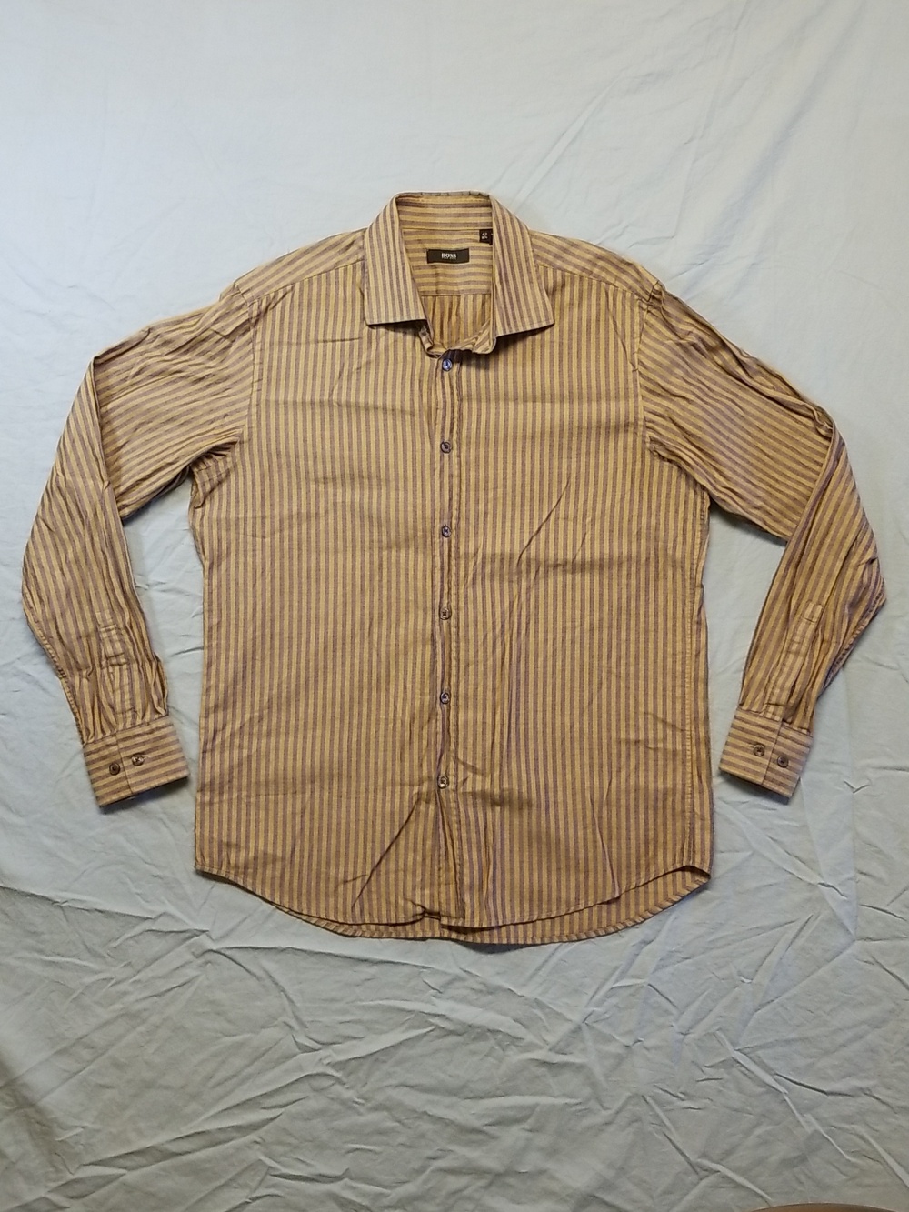 Hugo Boss Gray & Tan Long Sleeve Button Down Stripe Casual Dress Shirt